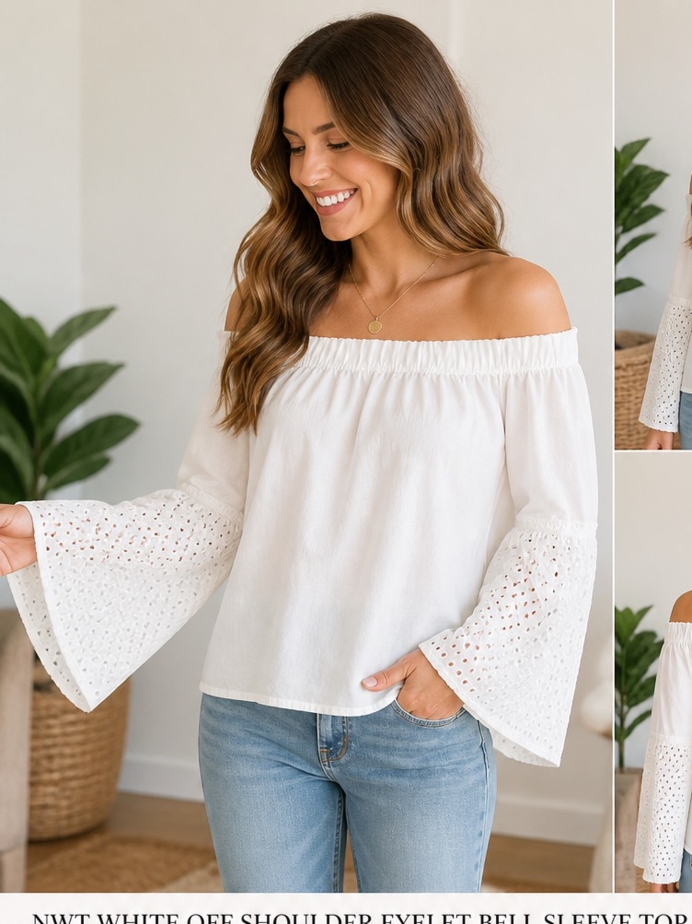 Nwt White off‎ shoulder eyelet bell sleeve